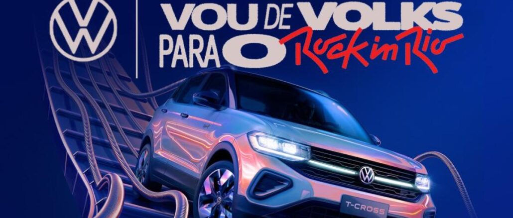 Banner da Promoção Vou de Volks para o Rock in Rio 2026, da Volkswagen, com imagem do Volkswagen T-Cross em destaque sobre fundo azul escuro.