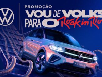 Banner da Promoção Vou de Volks para o Rock in Rio 2026, da Volkswagen, com imagem do Volkswagen T-Cross em destaque sobre fundo azul escuro.