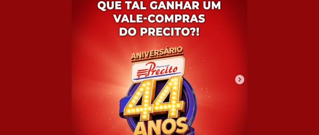Arte da campanha de aniversário de 44 anos do Supermercado Precito, com fundo vermelho, logotipo da rede e a pergunta sobre ganhar um vale-compras.