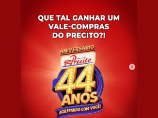 Arte da campanha de aniversário de 44 anos do Supermercado Precito, com fundo vermelho, logotipo da rede e a pergunta sobre ganhar um vale-compras.