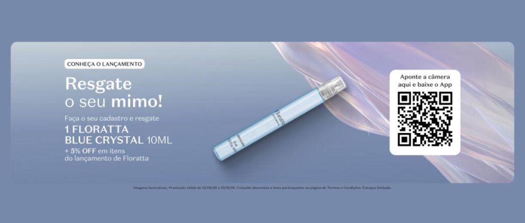 Ação de Fluxo Floratta Blue Crystal Boticário Banner promocional do Boticário apresentando a ação de fluxo Floratta Blue Crystal 10ml, com resgate gratuito via cadastro no aplicativo e 5% de desconto em itens do lançamento Floratta.