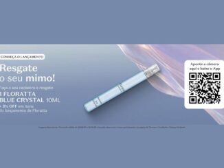 Banner promocional do Boticário apresentando a ação de fluxo Floratta Blue Crystal 10ml, com resgate gratuito via cadastro no aplicativo e 5% de desconto em itens do lançamento Floratta.