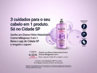 Anúncio da amostra grátis do Elseve Hidra Hialurônico Creme Milagroso 3 em 1 da L'Oréal Paris, disponível exclusivamente no Shopping Cidade SP mediante resgate de cupom pelo aplicativo.