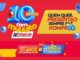 Banner da campanha de aniversário de 10 anos do Komprão Koch Atacadista em Santa Catarina, com fundo vermelho, balões azuis e vermelhos e destaque para os prêmios de 10 anos de compras grátis e até R$10 mil em vale-compras todo dia.