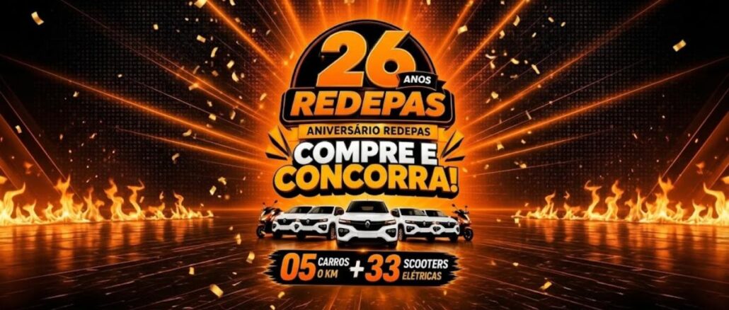 Promoção Aniversário 26 Anos Redepas — Compre e Concorra a 5 carros 0 km e 33 scooters elétricas no interior de São Paulo.