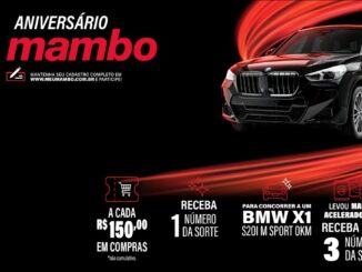 Banner da promoção Aniversário Mambo 44 anos com um BMW X1 preto sobre fundo escuro e rastros de luz vermelha, informando que a cada R$150,00 em compras o cliente recebe 1 número da sorte para concorrer ao carro.