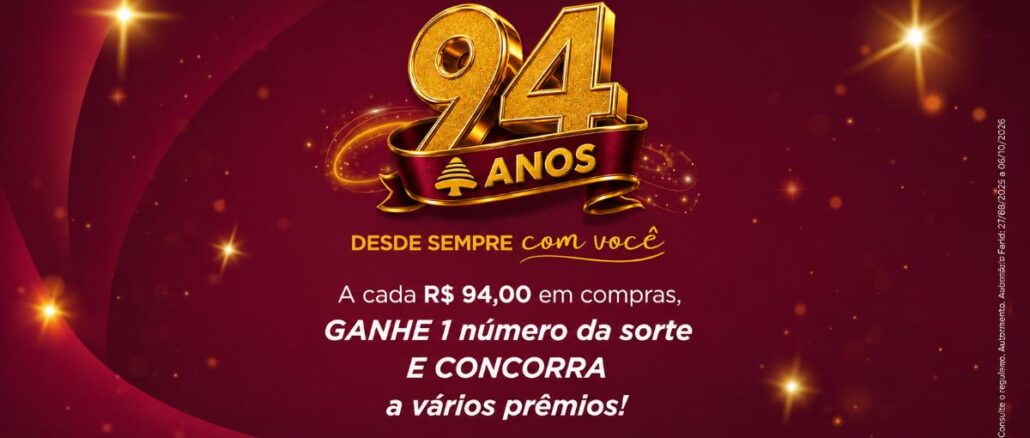 Aniversario 94 Anos Farid Supermercados no Interior de Minas Gerais Promoção de aniversário de 94 anos do Farid Supermercados: a cada R$94,00 em compras, ganhe um número da sorte e concorra a prêmios.