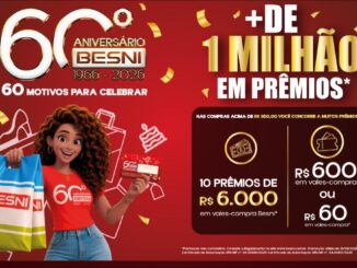 Banner promocional do 60º Aniversário Besni, com prêmios de mais de R$1 milhão em vales-compra para quem realizar compras acima de R$350,00 nas lojas participantes entre 01/09/2026 e 31/10/2026.