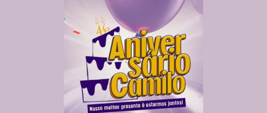 Arte da campanha Aniversário Camilo com os logotipos Camilo Atacadista e Camilo Supermercados, bolo de três andares com velas do número 46 e balões lilases.