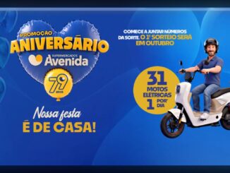 Banner da Promoção Aniversário Supermercados Avenida 79 anos — Nossa festa é de casa! Com sorteio de 31 motos elétricas e mais de 1200 vales-compras.