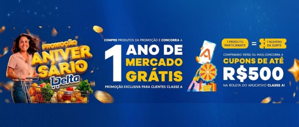 Banner da Promoção Aniversário Delta Supermercados: concorra a 1 ano de mercado grátis e cupons de até R$500 na roleta do aplicativo Classe A.