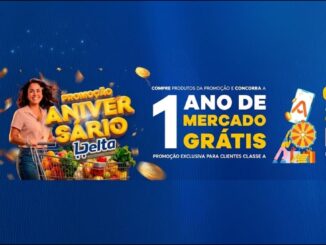 Banner da Promoção Aniversário Delta Supermercados: concorra a 1 ano de mercado grátis e cupons de até R$500 na roleta do aplicativo Classe A.
