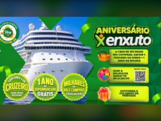 Banner da promoção Aniversário Enxuto, com prêmios como cruzeiro para duas pessoas, 1 ano de supermercado grátis e vale-compras diários, exclusivo para clientes do Clube Viva Enxuto.