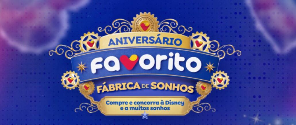 Aniversário Favorito Fábrica de Sonhos no Rio Grande do Norte Banner da promoção Aniversário Favorito Fábrica de Sonhos, com a frase "Compre e concorra à Disney e a muitos sonhos", sobre fundo azul com elementos dourados e engrenagens decorativas.