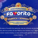 Banner da promoção Aniversário Favorito Fábrica de Sonhos, com a frase "Compre e concorra à Disney e a muitos sonhos", sobre fundo azul com elementos dourados e engrenagens decorativas.