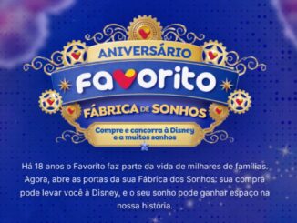 Banner da promoção Aniversário Favorito Fábrica de Sonhos, com a frase "Compre e concorra à Disney e a muitos sonhos", sobre fundo azul com elementos dourados e engrenagens decorativas.
