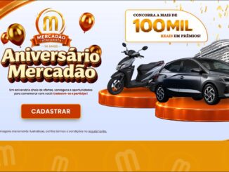 Banner da promoção Aniversário Mercadão Atacadista 14 anos, com prêmios de mais de R$100mil, incluindo Hyundai HB20, moto e cruzeiro.