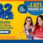Promoção de aniversário de 32 anos da Millena Móveis e Eletro: a cada R$300 em compras, concorra a R$1.621,00 todo dia, com pagamento via carteira digital.