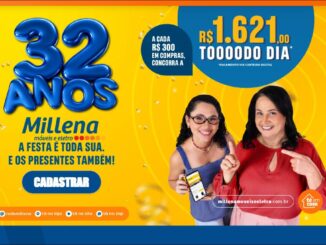 Promoção de aniversário de 32 anos da Millena Móveis e Eletro: a cada R$300 em compras, concorra a R$1.621,00 todo dia, com pagamento via carteira digital.