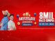 Banner vermelho da promoção Aniversário Paulistão com dois homens sorridentes à esquerda, balões dourados e azuis, e o destaque de 8 mil vales-compra de R$150 cada.