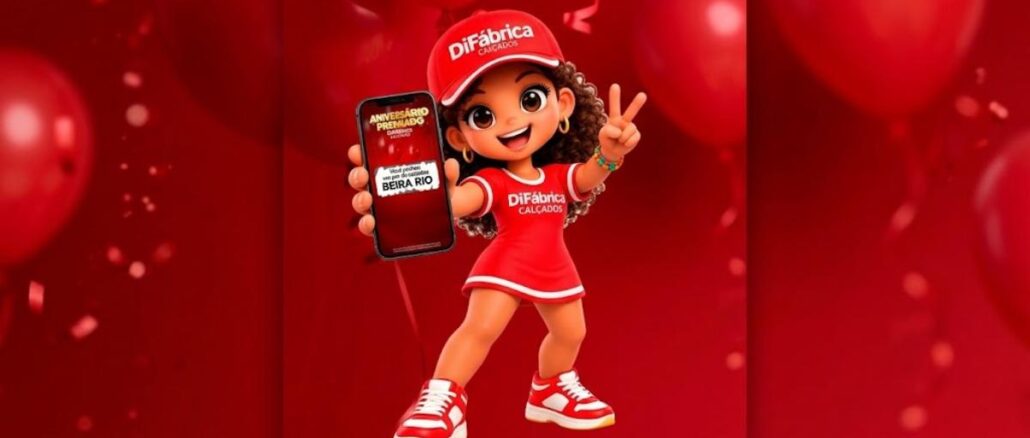 Aniversário Premiado Di Fábrica Calçados na Bahia Personagem animada com uniforme vermelho da DiFábrica Calçados segurando um celular com a promoção Aniversário Premiado, ao fundo balões vermelhos e confetes.