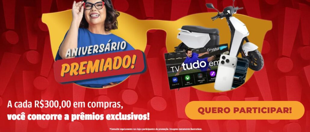 Aniversário Premiado Mercadão dos Óculos Banner da promoção Aniversário Premiado do Mercadão dos Óculos: a cada R$300,00 em compras, o cliente concorre a prêmios exclusivos como moto elétrica, smart TV e smartphone.
