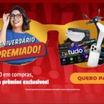 Banner da promoção Aniversário Premiado do Mercadão dos Óculos: a cada R$300,00 em compras, o cliente concorre a prêmios exclusivos como moto elétrica, smart TV e smartphone.