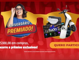 Banner da promoção Aniversário Premiado do Mercadão dos Óculos: a cada R$300,00 em compras, o cliente concorre a prêmios exclusivos como moto elétrica, smart TV e smartphone.