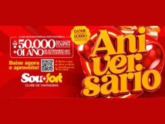 Banner da promoção de Aniversário da Rede Fort Supermercados na Bahia em 2026, com sorteio de R$50.000 em vales-compra e 1 ano de supermercado grátis a cada R$80 em compras.