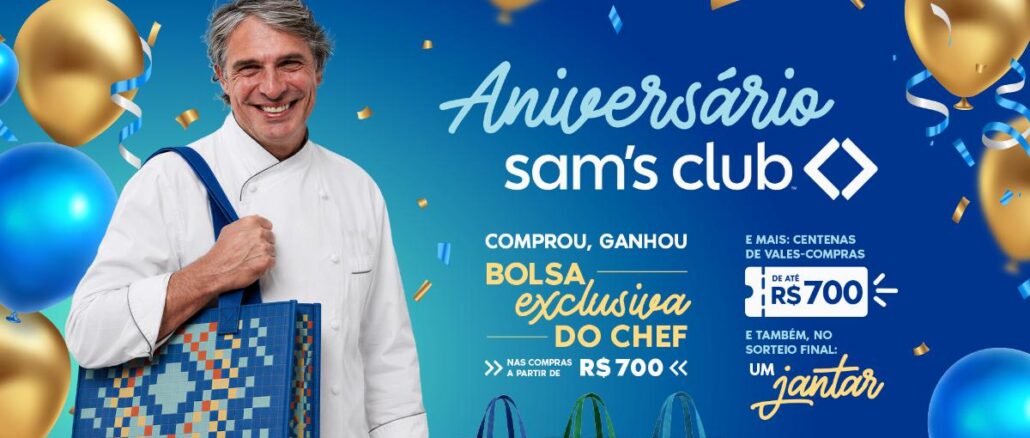 Aniversário Sam’s Club Chef sorridente de dólmã branco segura uma bolsa quadriculada azul ao lado do título Aniversário Sam's Club, com três bolsas coloridas, vale-compras de até R$700 e sorteio final de um jantar.