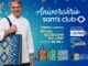 Chef sorridente de dólmã branco segura uma bolsa quadriculada azul ao lado do título Aniversário Sam's Club, com três bolsas coloridas, vale-compras de até R$700 e sorteio final de um jantar.