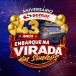 Arte promocional do Aniversário Semar Supermercados 43 Anos com o tema Embarque na Virada dos Sonhos, apresentando um cruzeiro ao fundo, balões dourados, fogos de artifício e confetes em fundo azul e vermelho.