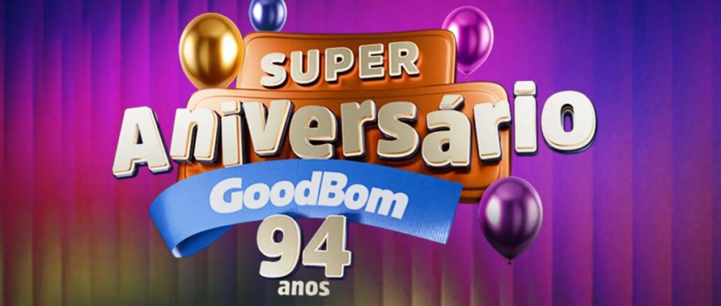 Aniversário Supermercados GoodBom 94 Anos em São Paulo Arte comemorativa do Super Aniversário GoodBom 94 Anos, com balões coloridos e fundo roxo iluminado.