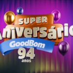 Arte comemorativa do Super Aniversário GoodBom 94 Anos, com balões coloridos e fundo roxo iluminado.