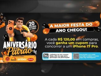Banner da promoção Aniversário do Patrão, do supermercado Big Compra, sorteando 20 iPhones 17 Pro para clientes que realizarem compras a partir de R$120,00.