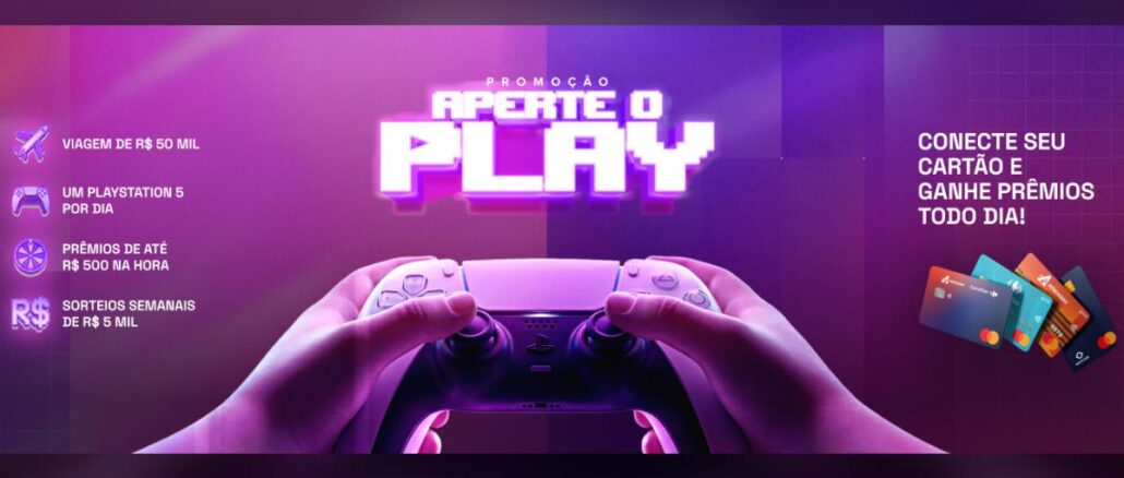 Aperte o Play Vale Bônus Atacadão, Carrefour e Sam's Club Banner da Promoção Aperte o Play do Atacadão, Carrefour e Sam's Club, com controle de PlayStation 5 em destaque e prêmios como viagem de R$50 mil, PS5 diário e sorteios semanais.
