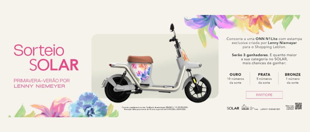 Arte do Sorteio Solar Primavera-Verão por Lenny Niemeyer no Shopping Leblon, com uma scooter elétrica ONN N1Lite com estampa floral exclusiva como prêmio.
