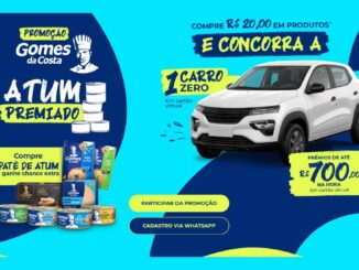 Banner da Promoção Atum Premiado Gomes da Costa: compre R$20,00 em produtos e concorra a 1 carro zero ou prêmios de até R$700,00 na hora em cartão virtual.