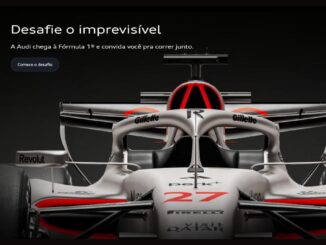 Carro de Fórmula 1 prateado com detalhes vermelhos e número 27, visto de frente sobre fundo escuro, com o título Desafie o imprevisível e o botão Comece o desafio da campanha Audi Challenge Run 2026 Brasil.