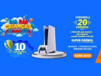 Banner da campanha Dia das Crianças do Shopping Aricanduva, com prêmios de 10 PlayStation 5 Slim e 10 triciclos elétricos drift infantil, a cada R$300 em compras até 13/10.