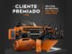 Arte da promoção Cliente Premiado Stihl com o slogan 100 anos de história, 100 prêmios para você, exibindo um Ford Bronco laranja, motocicleta, bicicleta elétrica, patinete elétrico, frigobar, caixa de som JBL, smartphone, smartwatch e notebook, todos em tons de laranja sobre fundo escuro.