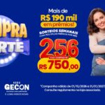 Banner da campanha Compra da Sorte da Rede Gecon Materiais para Construção, com mais de R$190 mil em prêmios, sorteios semanais de 256 vale-compras de R$750,00 e um casal sorridente segurando cédulas de dinheiro.