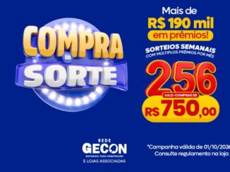 Banner da campanha Compra da Sorte da Rede Gecon Materiais para Construção, com mais de R$190 mil em prêmios, sorteios semanais de 256 vale-compras de R$750,00 e um casal sorridente segurando cédulas de dinheiro.