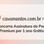 Logotipo do Casamentos.com.br PRO com coração rosa e texto convidando a concorrer a uma assinatura do Pack Premium por 1 ano grátis.