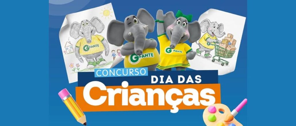 Arte do Concurso Dia das Crianças Lojas G com dois mascotes elefantes Gfante vestidos de amarelo e verde, desenhos infantis de elefantes, lápis e paleta de tintas sobre fundo azul, anunciando vales-compra de R$500,00 para os 5 desenhos mais criativos.