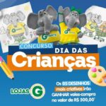 Arte do Concurso Dia das Crianças Lojas G com dois mascotes elefantes Gfante vestidos de amarelo e verde, desenhos infantis de elefantes, lápis e paleta de tintas sobre fundo azul, anunciando vales-compra de R$500,00 para os 5 desenhos mais criativos.