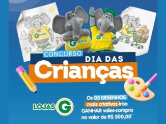 Arte do Concurso Dia das Crianças Lojas G com dois mascotes elefantes Gfante vestidos de amarelo e verde, desenhos infantis de elefantes, lápis e paleta de tintas sobre fundo azul, anunciando vales-compra de R$500,00 para os 5 desenhos mais criativos.