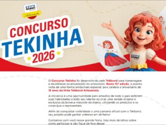 Banner do Concurso Tekinha 2026 da TekBond, com a boneca mascote de cabelos ruivos segurando ilustrações de si mesma, ao lado do texto comemorativo da 10ª edição do evento.