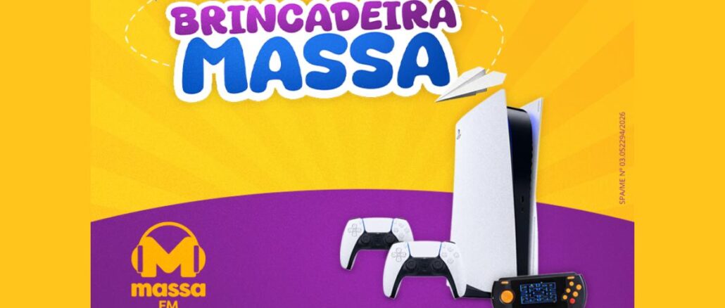 Promoção Brincadeira Massa FM 2026 — concorra a um PlayStation 5 e um videogame portátil retrô