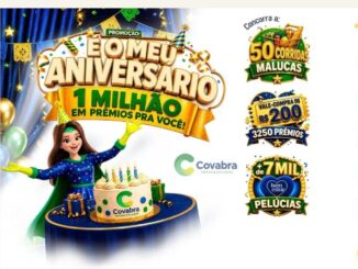 Banner da promoção É o Meu Aniversário do Covabra Supermercados com personagem animada ao lado de um bolo de aniversário, selos de 50 Corridas Malucas, 3250 vale-compras de R$200 e mais de 7 mil pelúcias Bem-Estar, com o botão Cadastrar agora.
